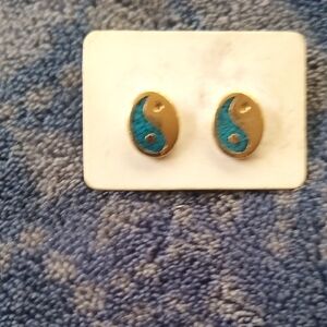 Gold and Blue Yin Yang Stud Earrings